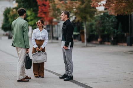 Three people in a casual business talk on a city street during autumnの写真素材