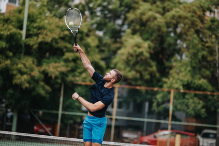 Tennis player serves a ball on an outdoor court, showcasing athleticism and focus