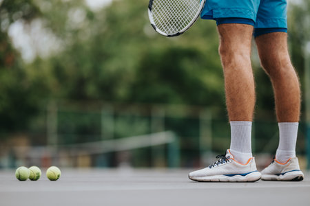 Tennis player on court with racket, shorts, white socks, and tennis balls ready for practiceの写真素材