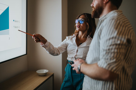 Female presenter points to a chart during a business meeting in a modern office settingの写真素材