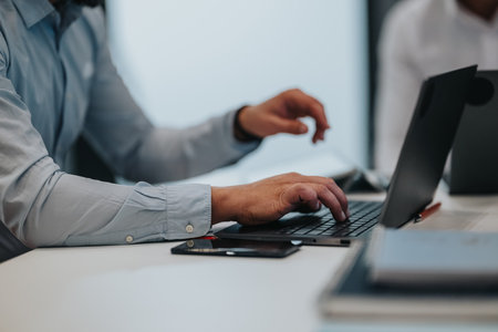 Two professionals work on a laptop at a clean office desk with a smartphone nearbyの写真素材