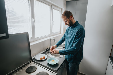 Man Preparing Breakfast in a Modern Kitchen With Natural Lightingの写真素材