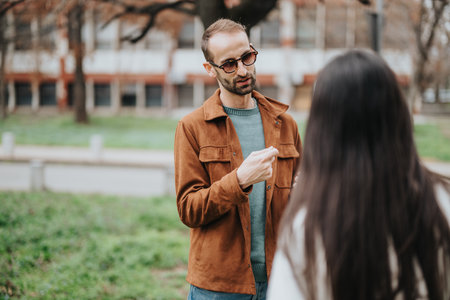 Man and woman communicating outdoors in a casual urban settingの写真素材