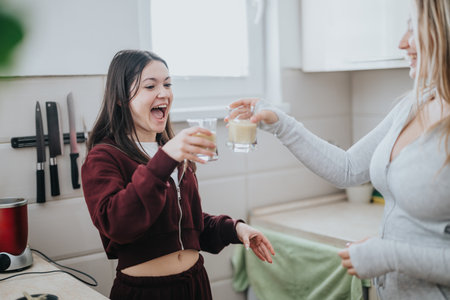 Two young women enjoy drinks together in a bright home kitchenの写真素材