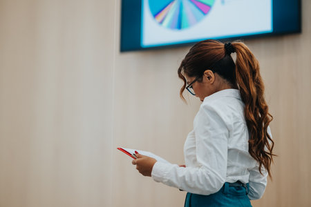 Filipino businesswoman reviewing data on a tablet in the office during a briefing and meetingの写真素材