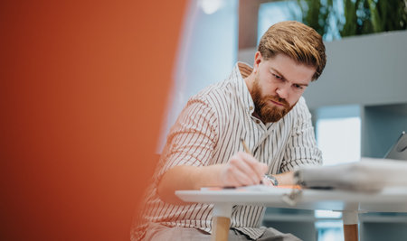 Focused professional writes at a modern office desk, showing dedication and planning for success today.の写真素材