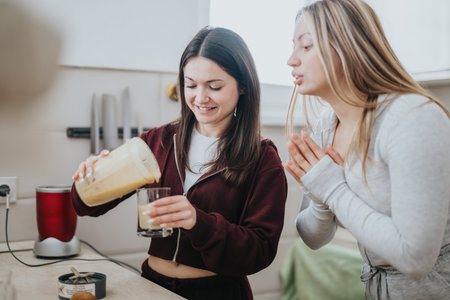 Two friends bonding while making a delicious homemade smoothieの写真素材
