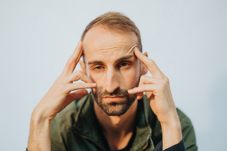 Man sitting with a thoughtful expression and fingers on templesの写真素材