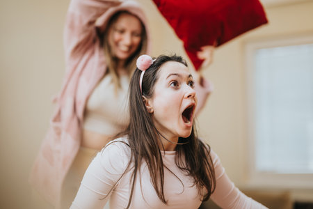 Two girls playing and laughing during a fun moment at homeの写真素材