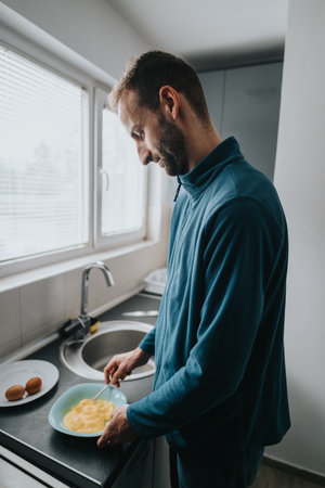 Man preparing scrambled eggs in a modern kitchen for breakfast.の写真素材