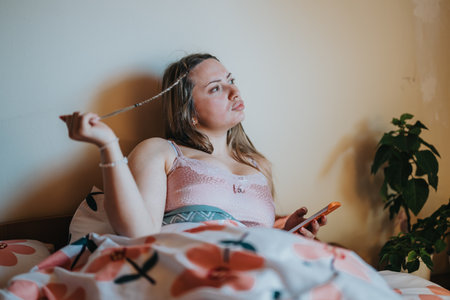 Woman relaxing on bed with phone and contemplating surroundingsの写真素材