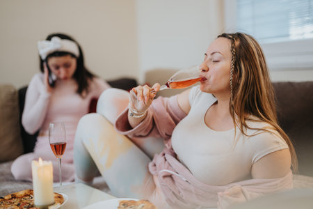 Two women relaxing at home sharing wine and enjoying quiet momentsの写真素材