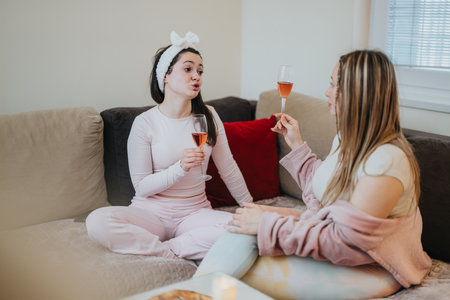 Two friends enjoying drinks and relaxing together at homeの写真素材