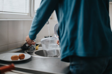 Person Filling a Water Pitcher in a Modern Kitchen Sinkの写真素材