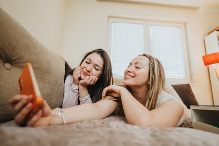 Two friends enjoying a cheerful moment together at home on a cozy dayの写真素材