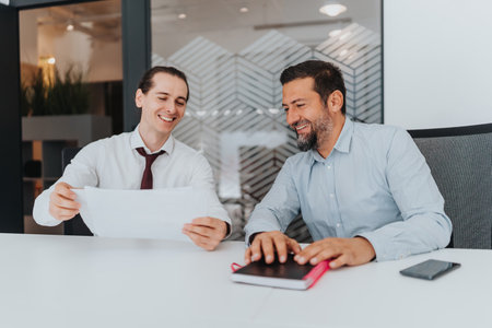 Business partners review documents and discuss tasks at a modern office deskの写真素材