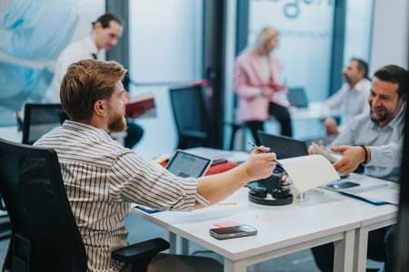 Team at a busy office collaborating on documents and sharing ideas around a deskの写真素材