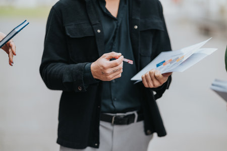 Business people discuss charts and documents outdoors, sharing ideas and notes during a meetingの写真素材