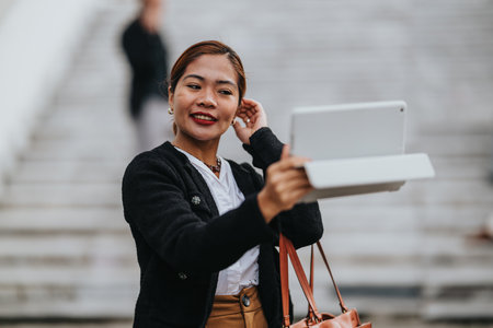 Woman takes selfie with tablet on outdoor stairs, smiling while carrying bagの写真素材