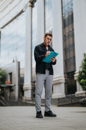 Man with blue clipboard standing outside a modern building taking notes for a business projectの写真素材