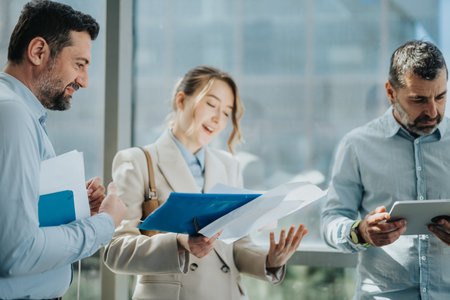Business colleagues review documents together in a bright modern office environmentの写真素材