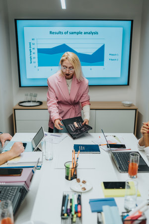 Business team presents data analysis during a meeting with charts and notebooks in a modern officeの写真素材