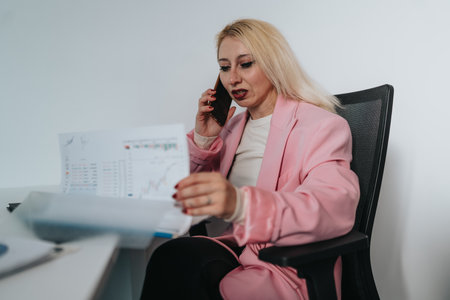 Businesswoman in pink blazer on phone reviewing charts at desk in a modern officeの写真素材