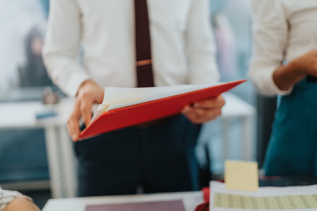Professional office moment: a person holding a red folder and papers for reviewの写真素材