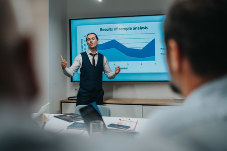 Presenter leads a business presentation in a modern conference room with a chart on the screen