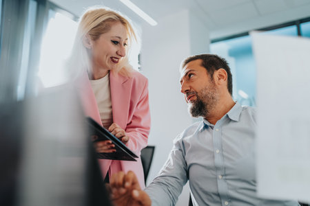 Friendly professionals discuss tablet data during a productive office meeting between colleaguesの写真素材