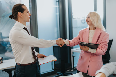 Business professionals shake hands in a modern office after a meeting to seal a partnershipの写真素材