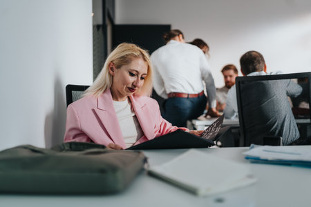 Professional woman in a pink blazer reviews documents at a desk in a busy officeの写真素材