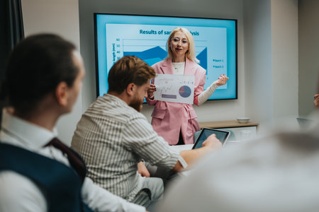 Confident woman presents data charts during a business meeting in a modern conference roomの写真素材