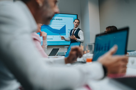 Business presentation in a modern meeting room with a presenter, charts, and engaged colleaguesの写真素材
