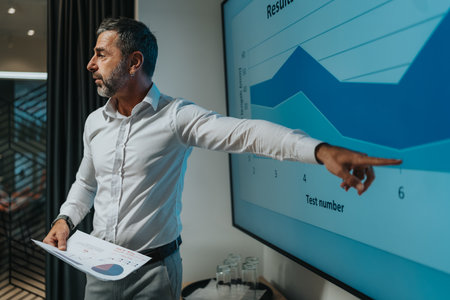 Business presenter points to a large chart on screen during a meeting in a modern officeの写真素材