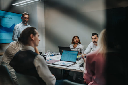 Business meeting in conference room with presenter and colleagues analyzing data and chartsの写真素材