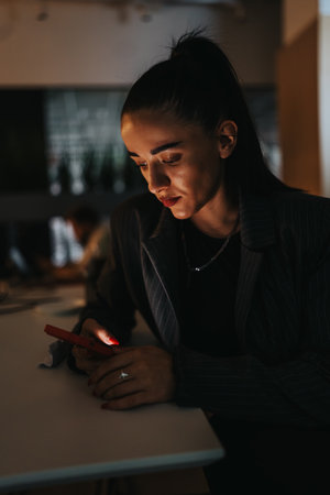 Woman in a pinstripe blazer using a red glow phone at a dim office deskの写真素材