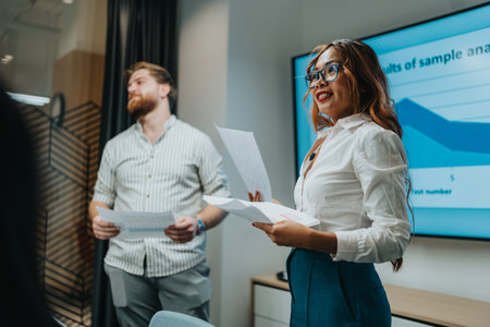 Two professionals deliver a dynamic presentation during a modern business meeting in a bright...