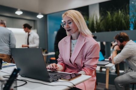 Business professional woman in a pink blazer typing on a laptop in a modern open-plan officeの写真素材