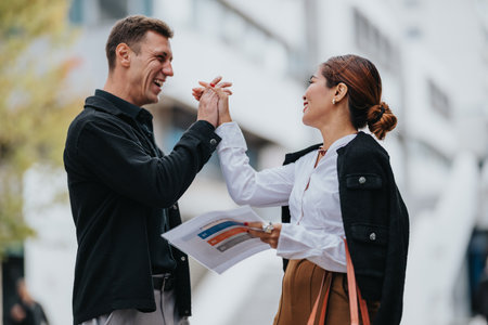 Joyful high five between two colleagues in a city street after sharing documentsの写真素材