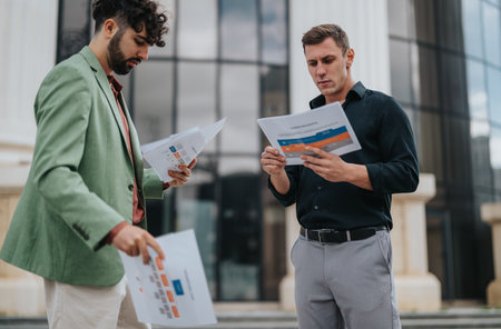 Two men review documents outside a modern office building, discussing charts and plans