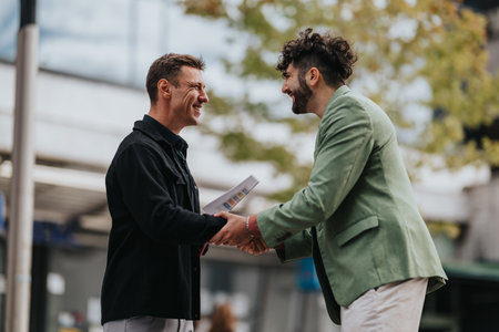 Two men shake hands outdoors in the city, smiling while exchanging a document in a friendly business momentの写真素材