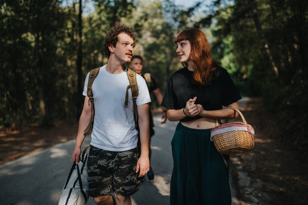 Friends enjoy a day in the park, walking together and chatting along a sunny nature path