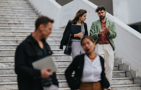 Business colleagues on a staircase share ideas during a casual outdoor meetingの写真素材