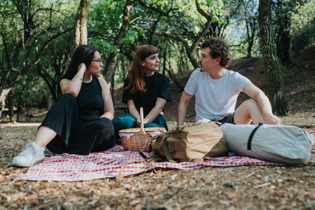 Three friends enjoy a sunny forest picnic together on a checkered blanket with bags