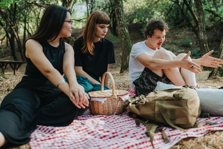 Three friends enjoy a relaxed picnic in the park, sharing stories on a checkered blanket.の写真素材