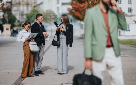 Group of business people chatting in a city square with documents and tabletの写真素材