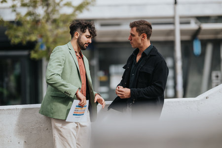 Two men discuss documents in an outdoor urban setting, a casual business meeting between colleagues