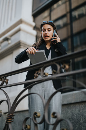 Businesswoman on the move talks on the phone while reviewing a tablet outside a city buildingの写真素材