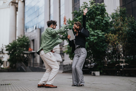 Two colleagues celebrate in the city with a high five and tablet in handの写真素材